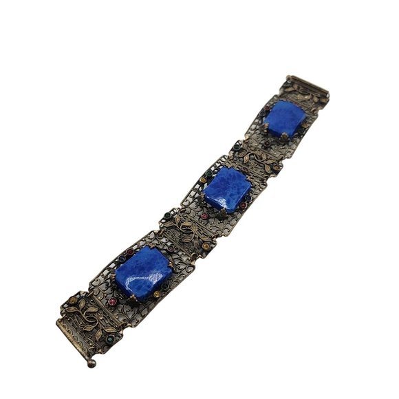 Vintage Czech Style Filigree Brass & Lapis Glass Bracelet (A3858) - Picture 1 of 8